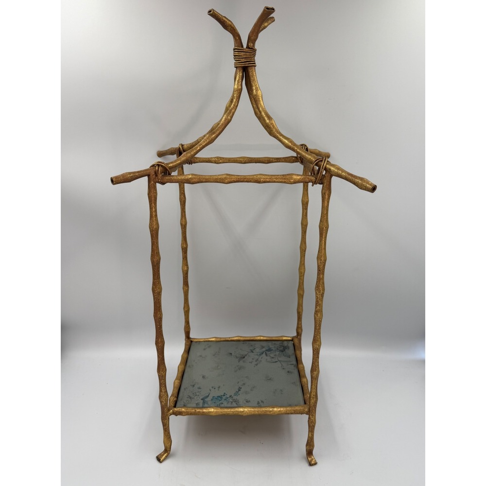 MCM Hollywood Regency Gilt Faux Bamboo Pagoda Stand with Floral Églomise Glass